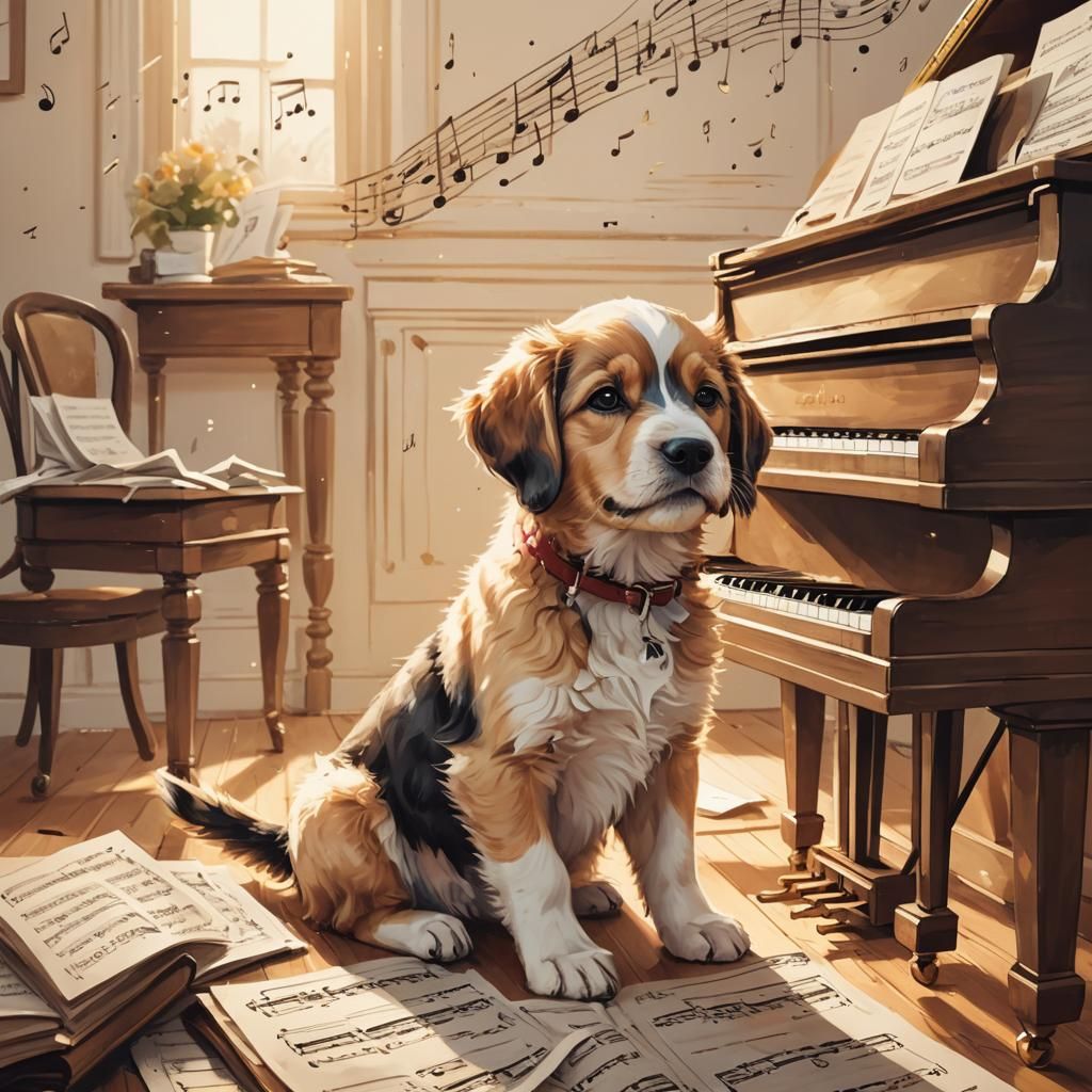 Whimsical Puppy Plays Piano in a Warm, Golden Light
