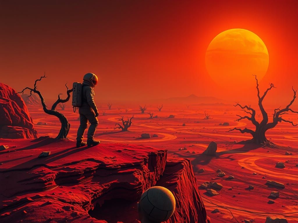 Astronaut on the Edge of a Desolate Martian Landscape