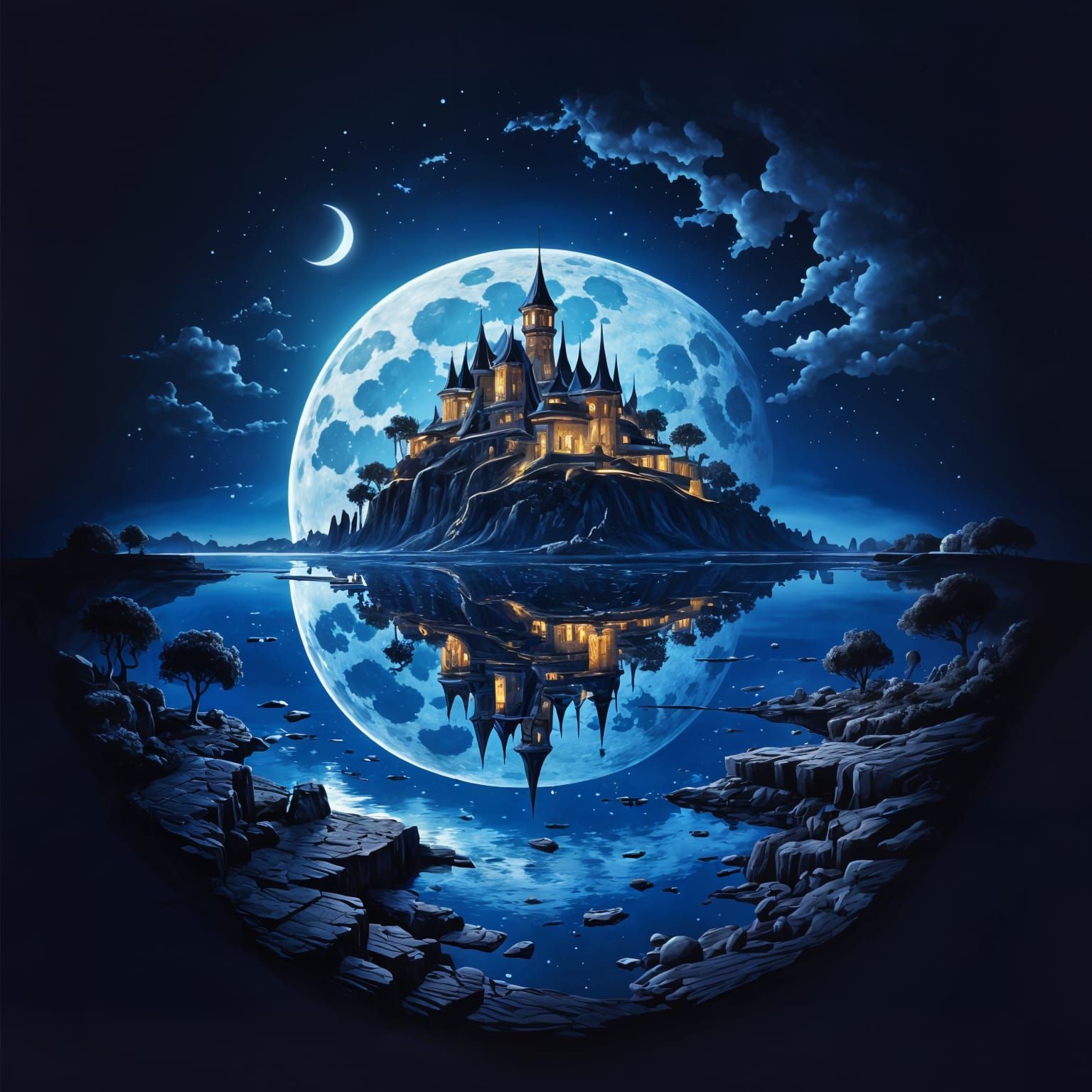 Intricate Full Moon Over Magic Town, Surreal Digital Art