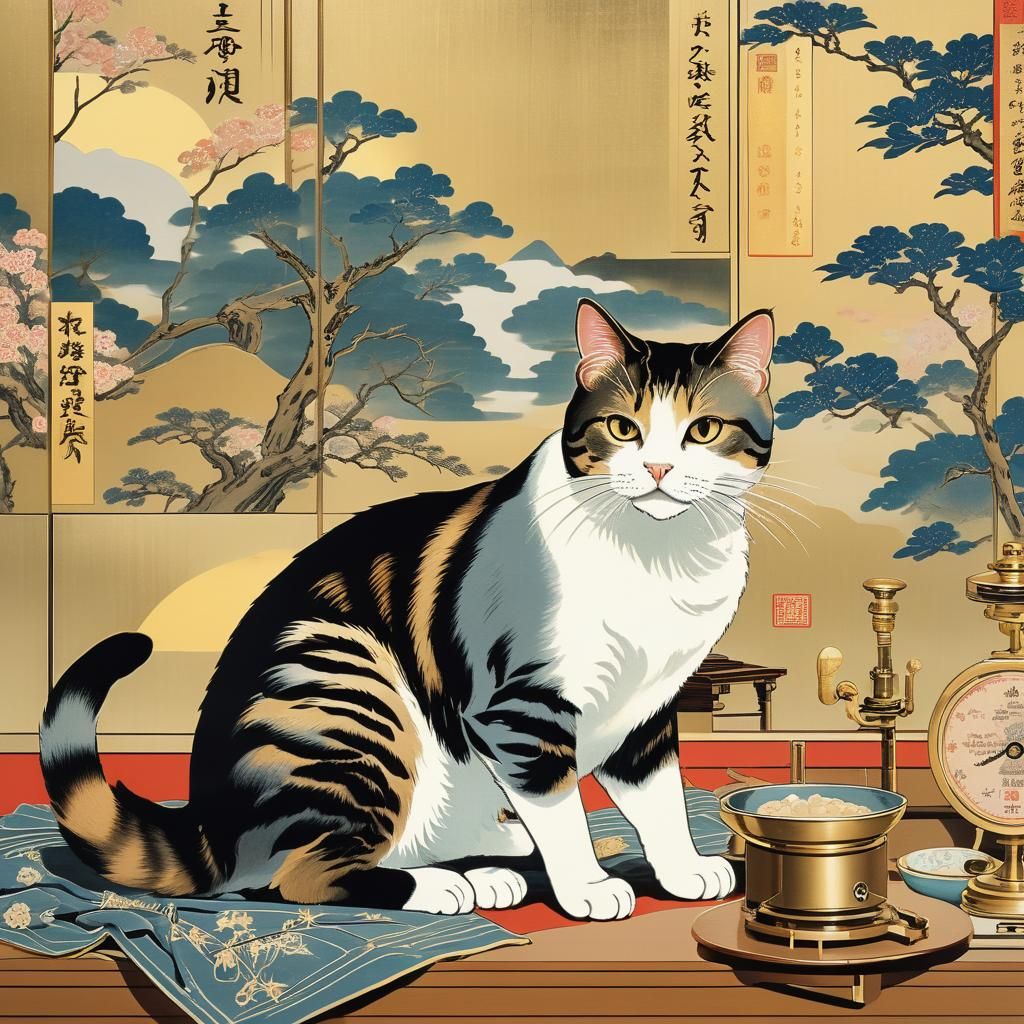 Elegant Traditional Japanese Cat Medical Support in Soft Pas...