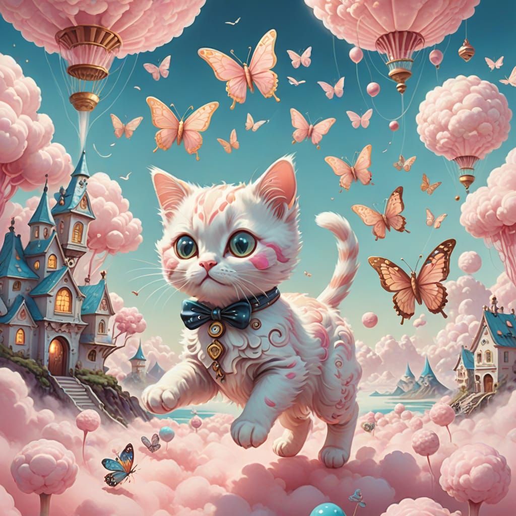 Clockwork Kitten Chasing Butterfly in Dreamlike Landscape
