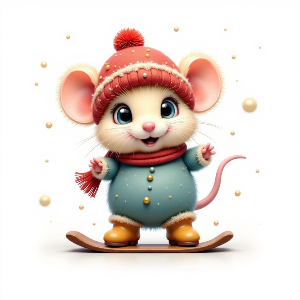 Adorable Mouse on Skis in Snowsuit, Quirky Cartoon Style