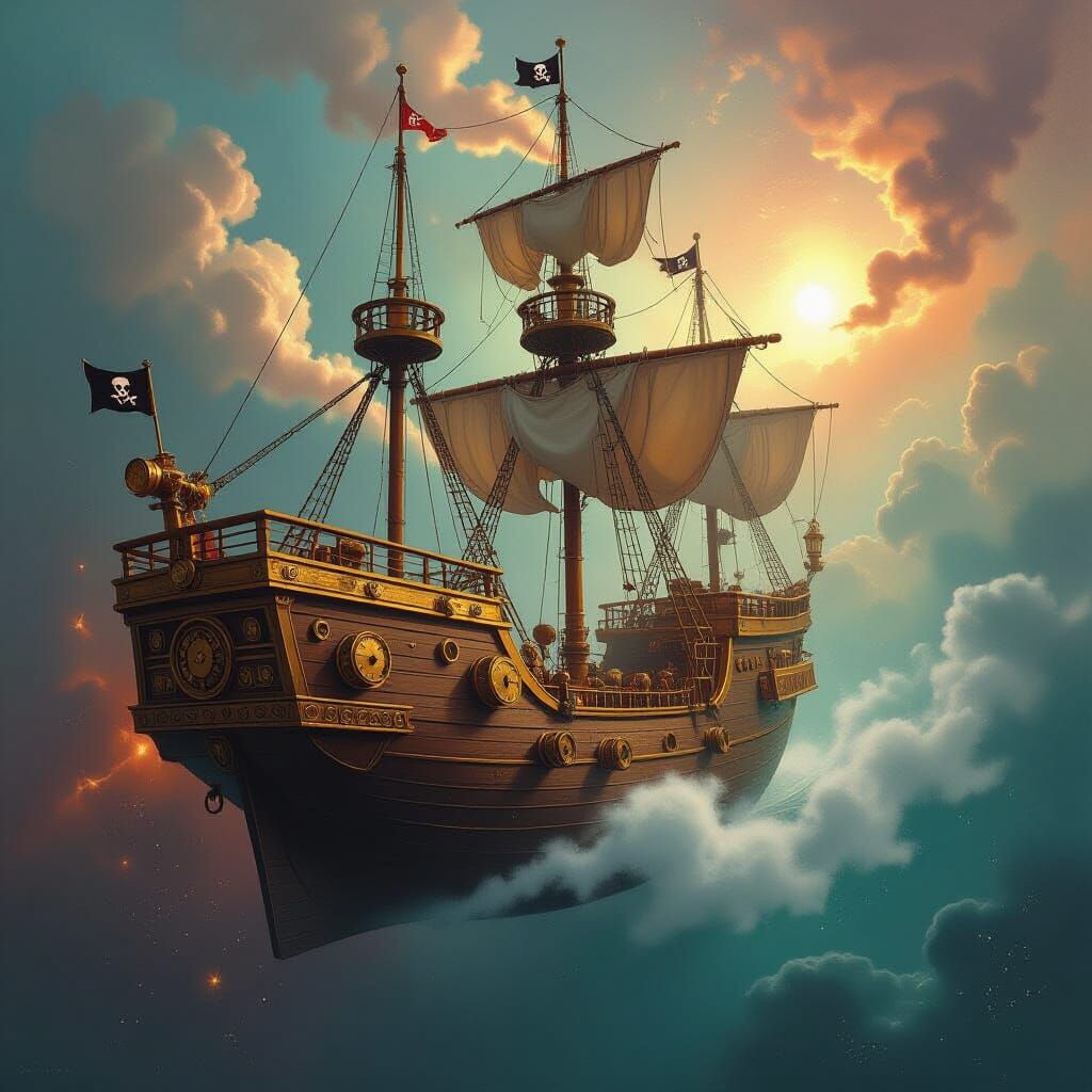 Steampunk Pirate Ship Sails Through Nebula