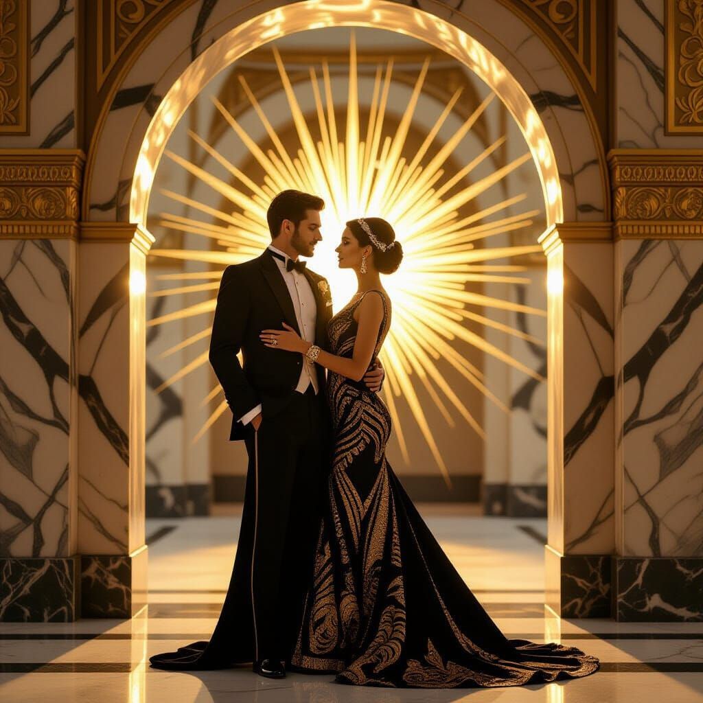 Elegant Couple in Golden Art Deco Style