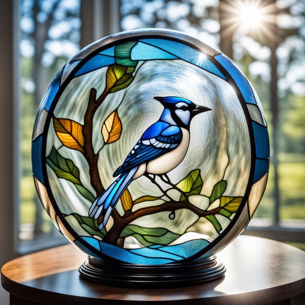 Stunning Blue Jay Glass Art in Vibrant Summer Light
