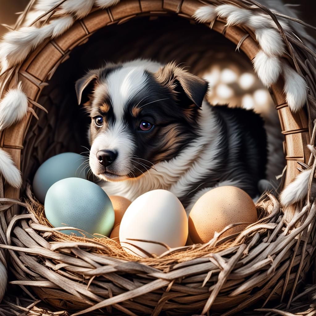 Hyperrealistic Female Dog Cradles Newborn Puppies in a Cozy....