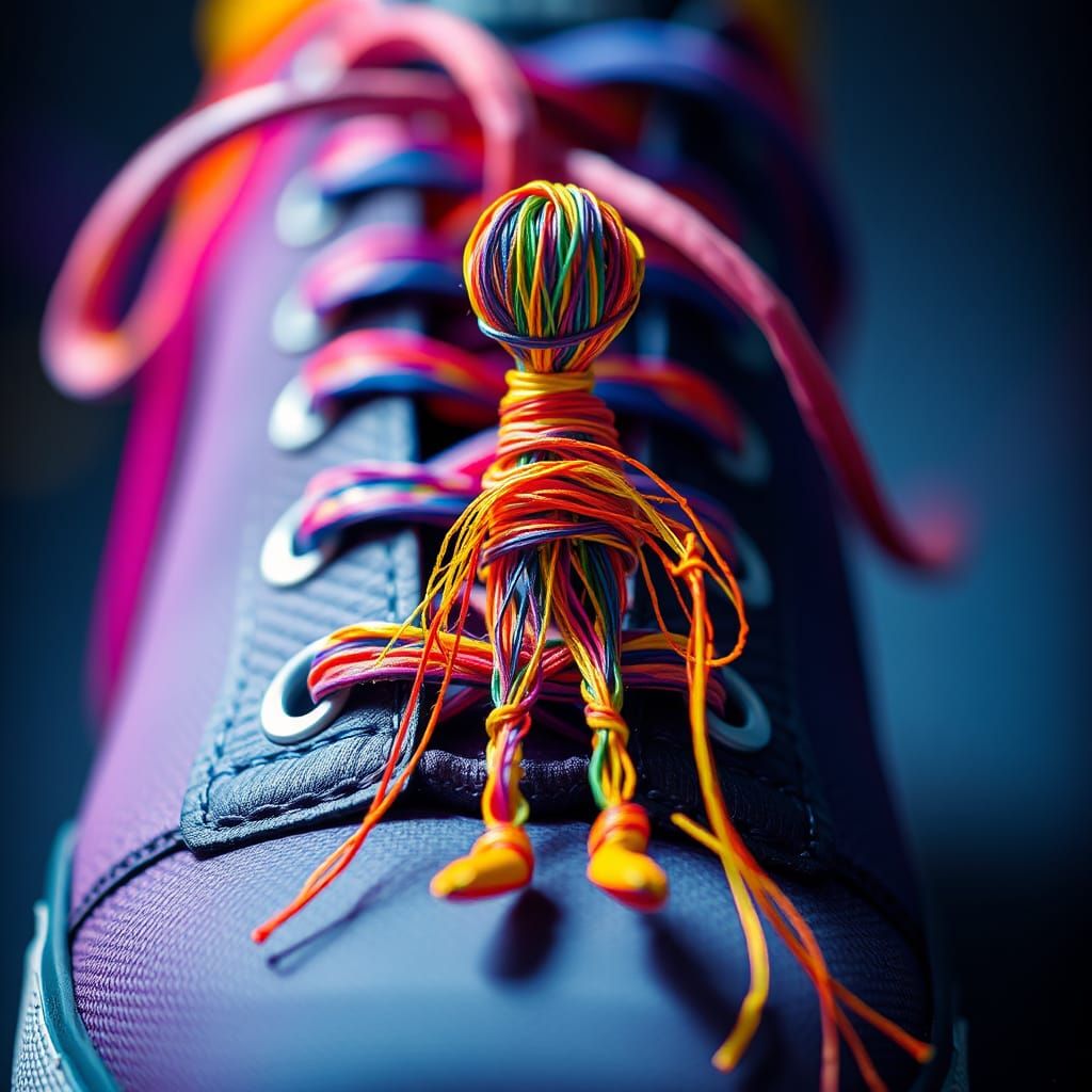 Small String Puppet Tying Shoe Laces in Vibrant Fantasy Art
