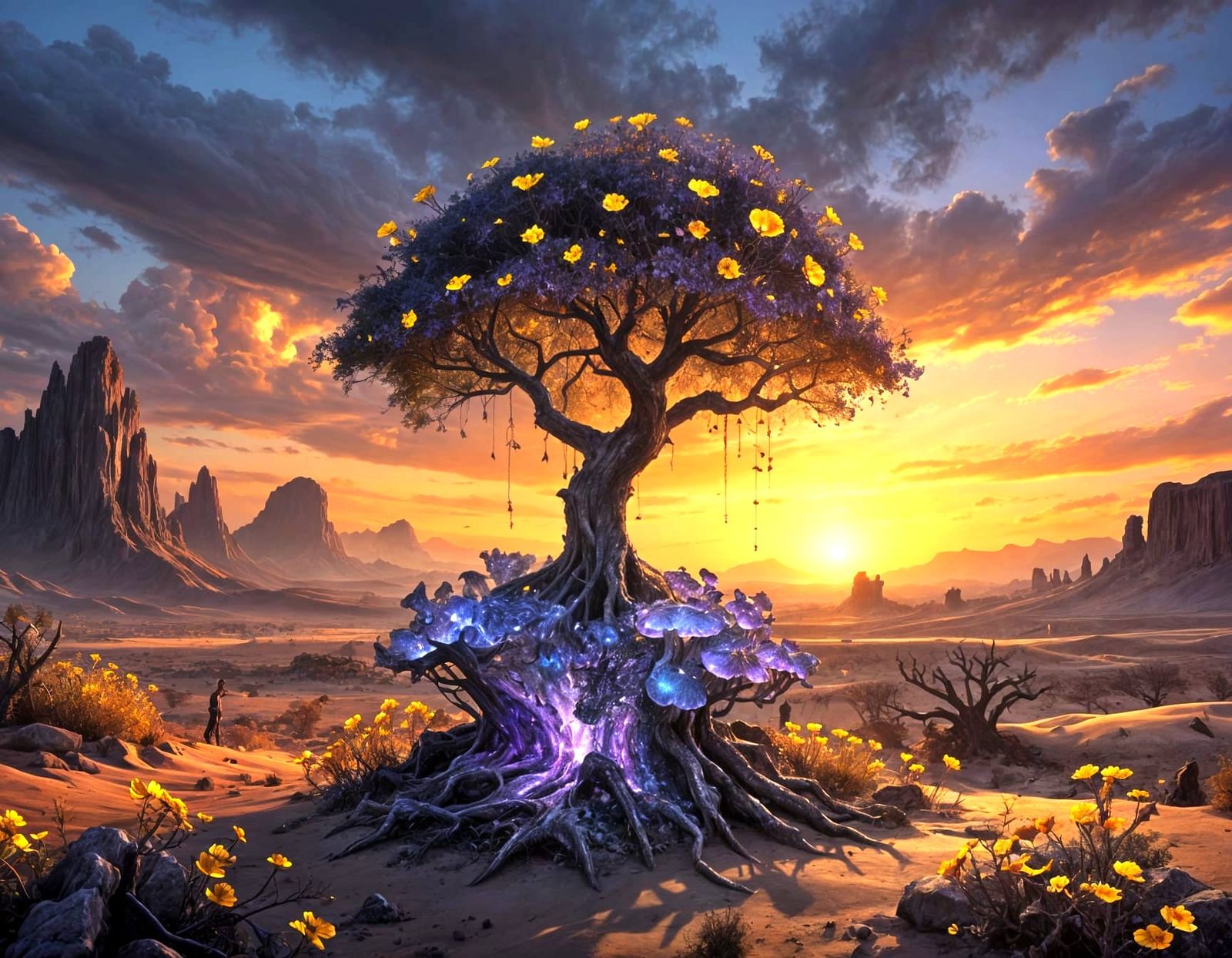 Eerie Bonsai Tree Growing from Amethyst Gem at Sunrise