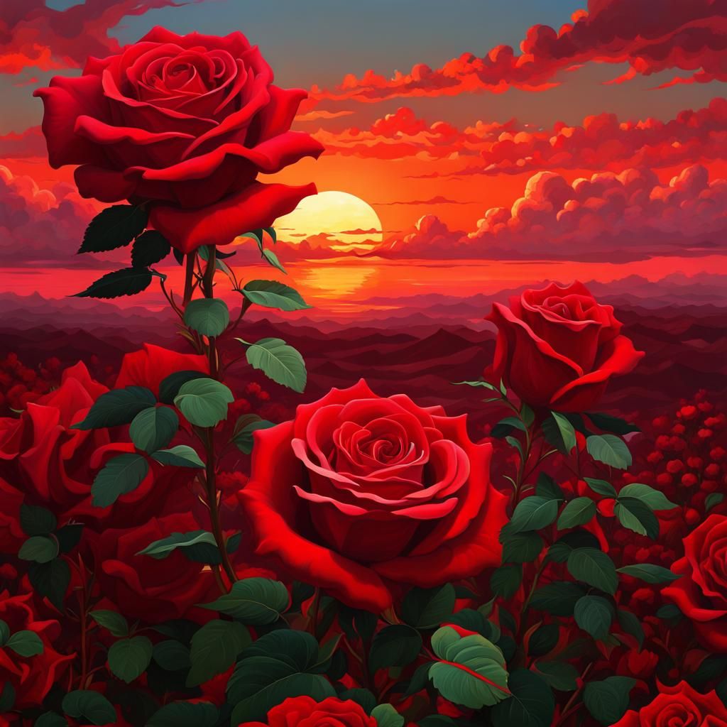 Surreal Waterhouse-Inspired Anime Rose Blooms in the Crimson...