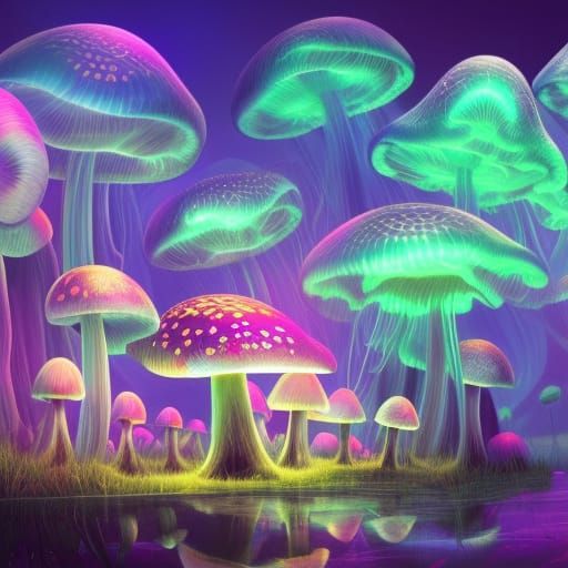 Glowing Mushrooms in a Fantastical Forest with a Giant Mouse