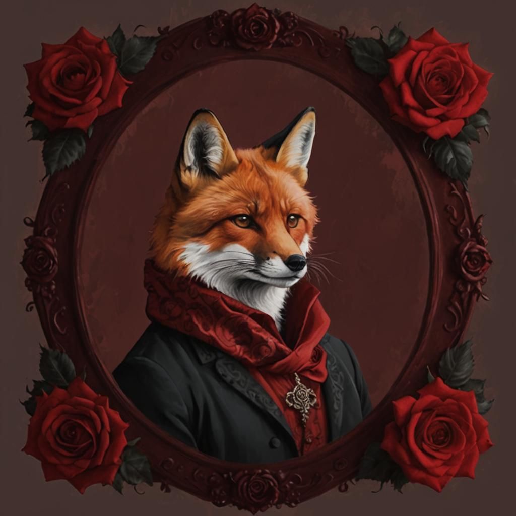 arabesque dark red fox against dark red background, surround...