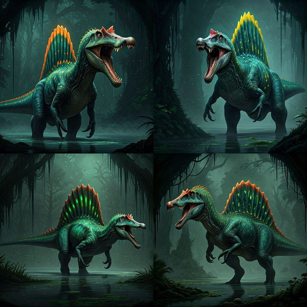 Bioluminescent Spinosaurus Roars in Emerald Swamp, Dark Fant...