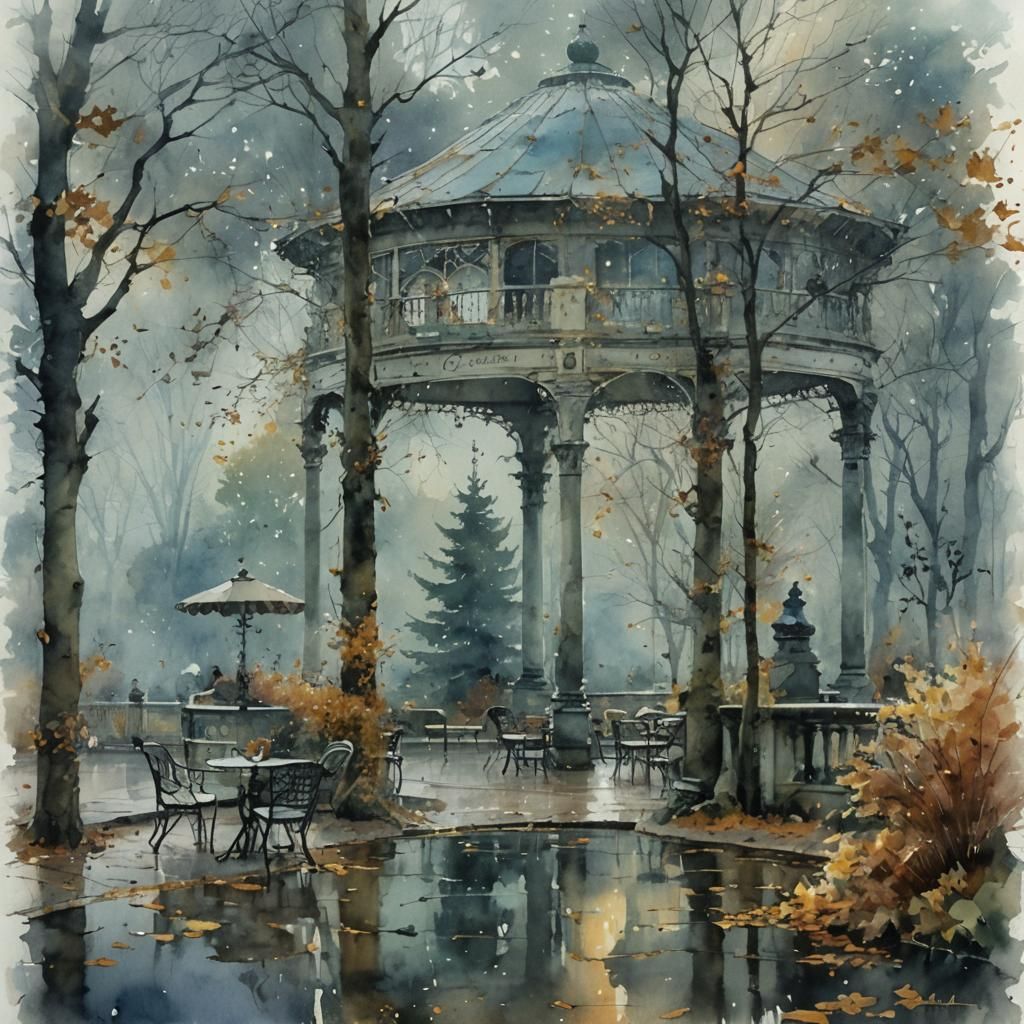 Autumn Park Landscape in Whimsical Watercolor Style