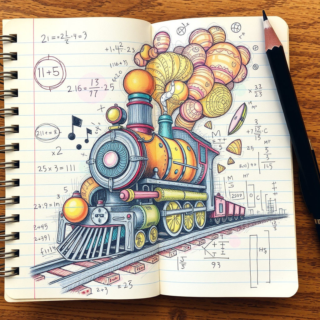 Whimsical Doodle Art Steam Train Explosion