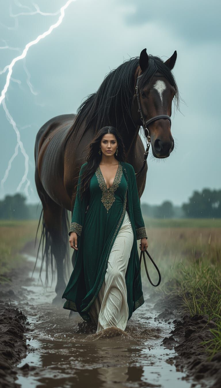 Plus-Size Woman Leads Horse in Stormy Field