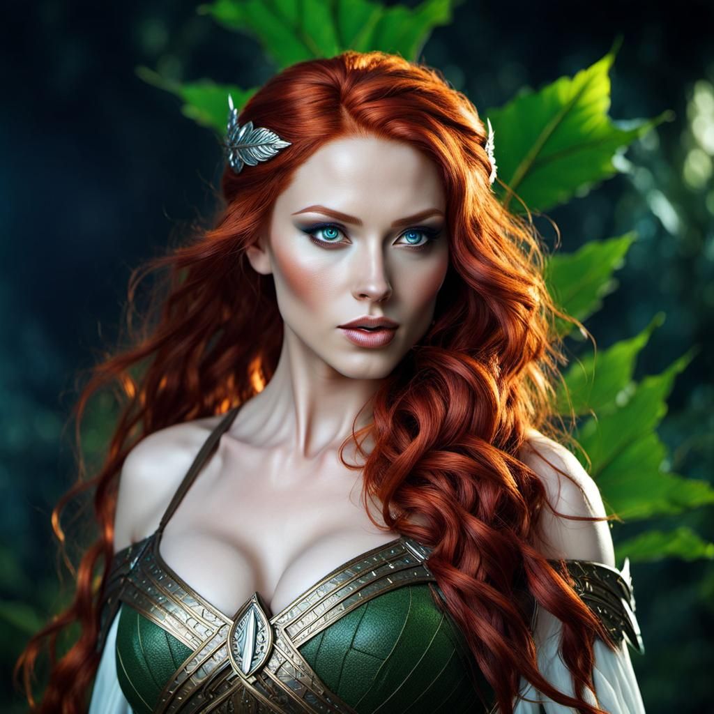 Regal Leaf Maiden with Luminous Red Hair