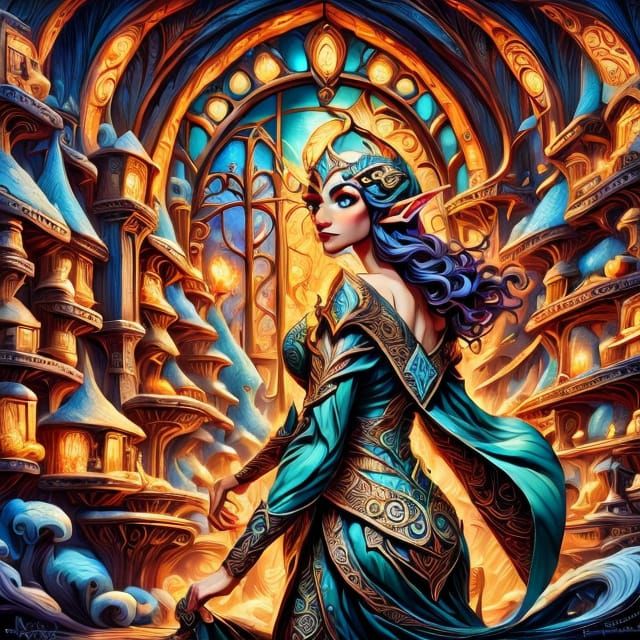 Elven Mage in Whimsical Fantasy Art Nouveau Style