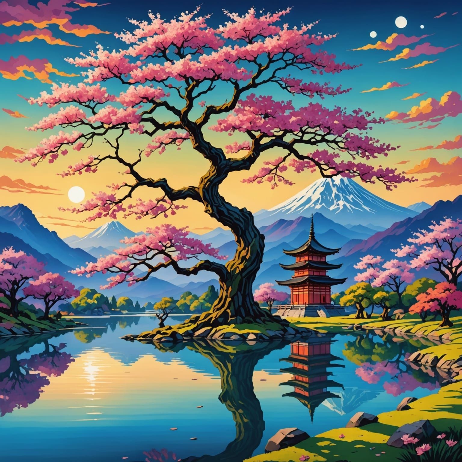 Ancient Sakura Tree by Lake, Art Deco Lighting