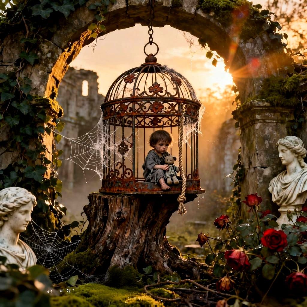 Lonely Child in Ancient Garden Birdcage