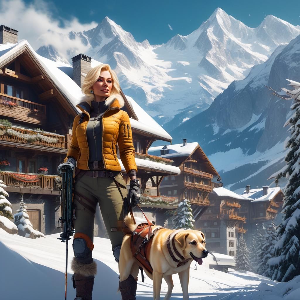 A portrait of a blonde fantasy bombshell dog woman in front of a beautiful residence in the alps, surrounded by snowy wo...