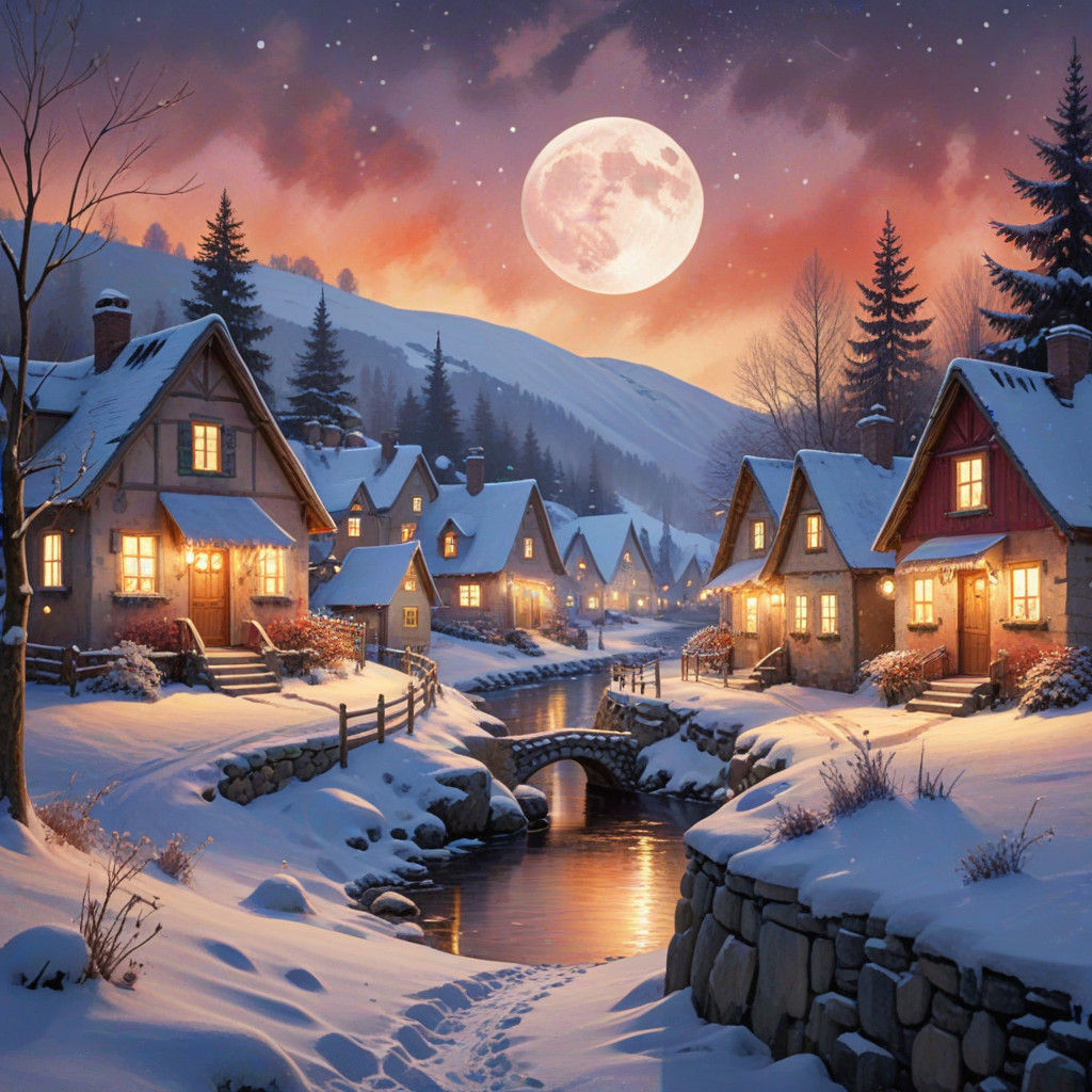 Whimsical Watercolor Christmas Village Under Full Moon
