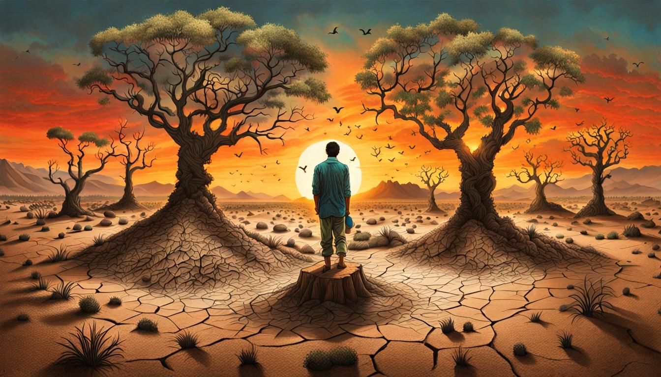 Surreal Forest Landscape with Wounded World and Glowing Crea...