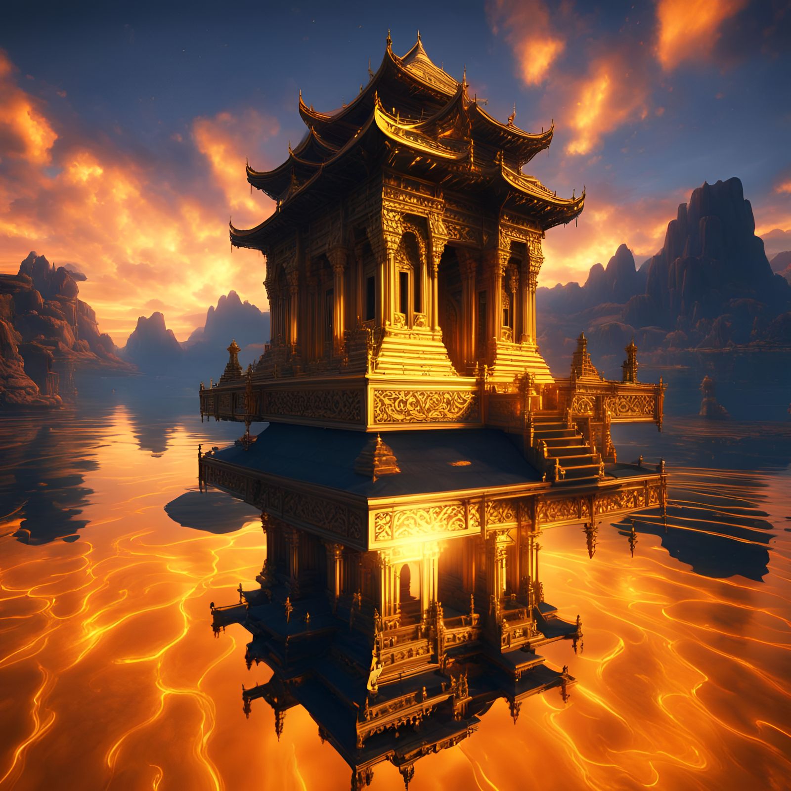 Golden Temple of Radiant Light Ascends into the Orange Hues...