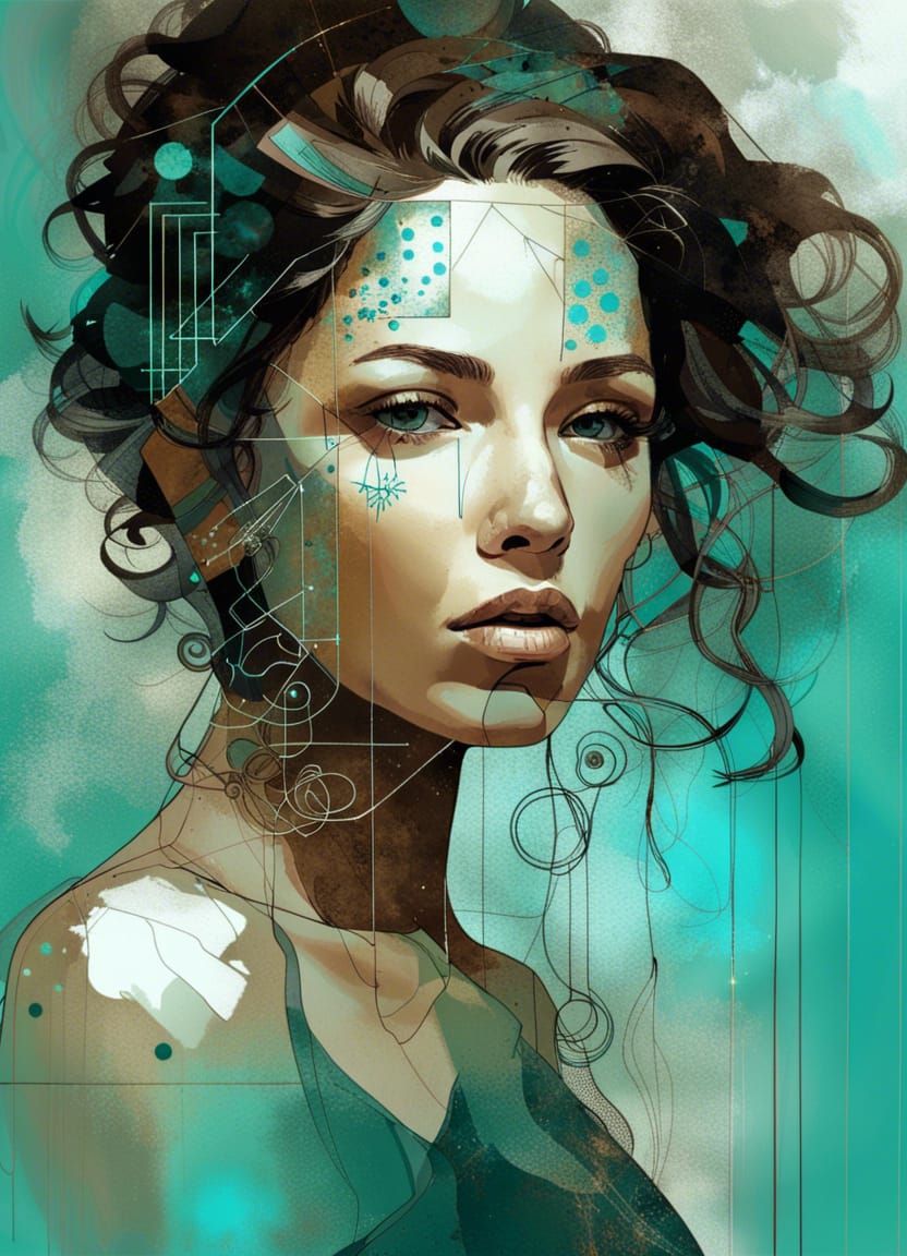 Elegant Greek Goddess with Turquoise Filigree and Celestial...