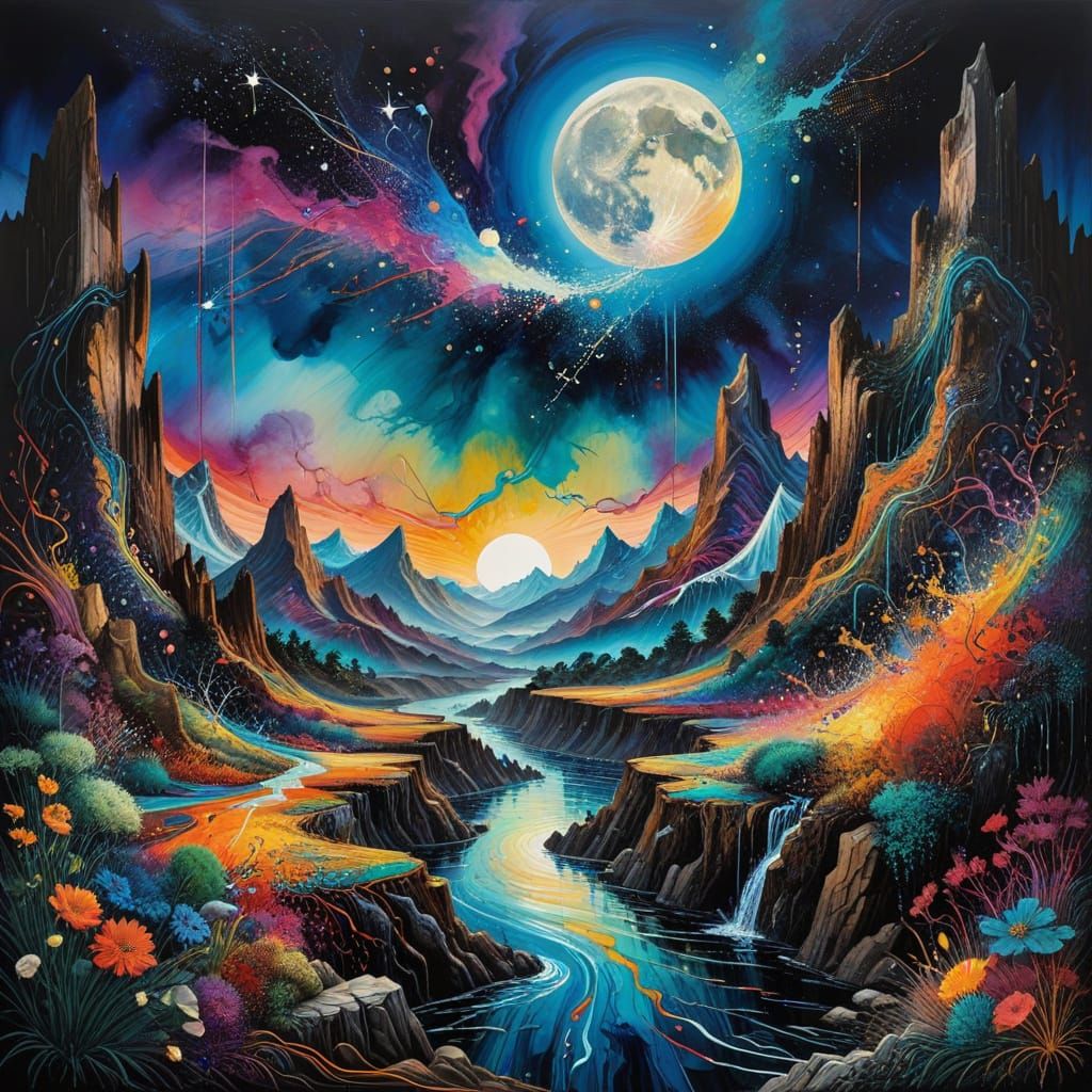 Dreamlike Cosmic Landscape with Glowing Moon and Impossible ...