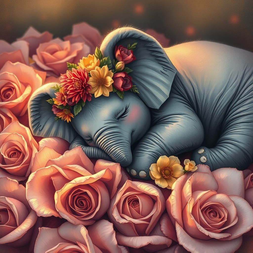Miniature Elephant Mother in Enchanted Floral Slumber
