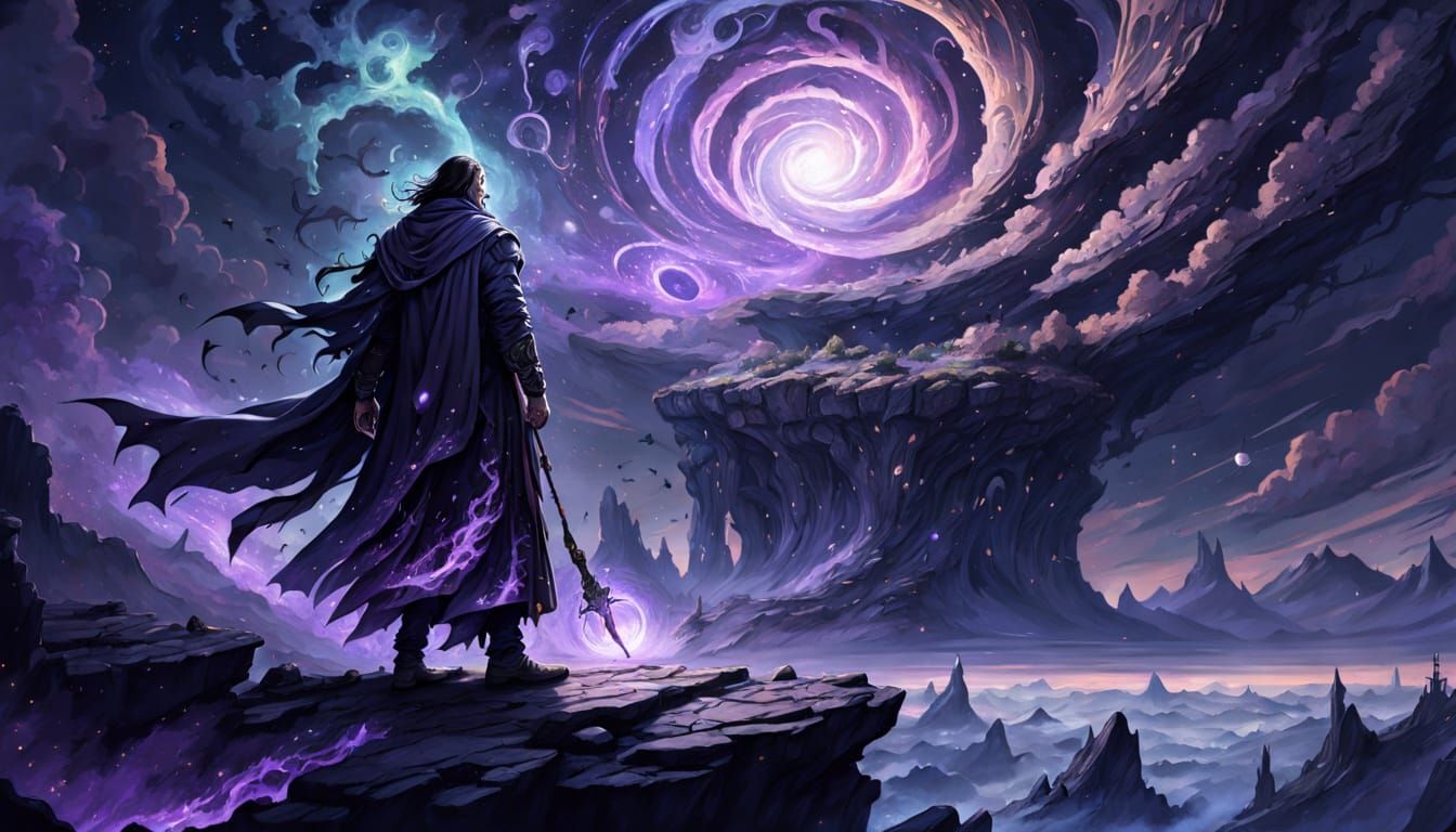 Wizard Conjures Dark Arcane Energy Under Nebula