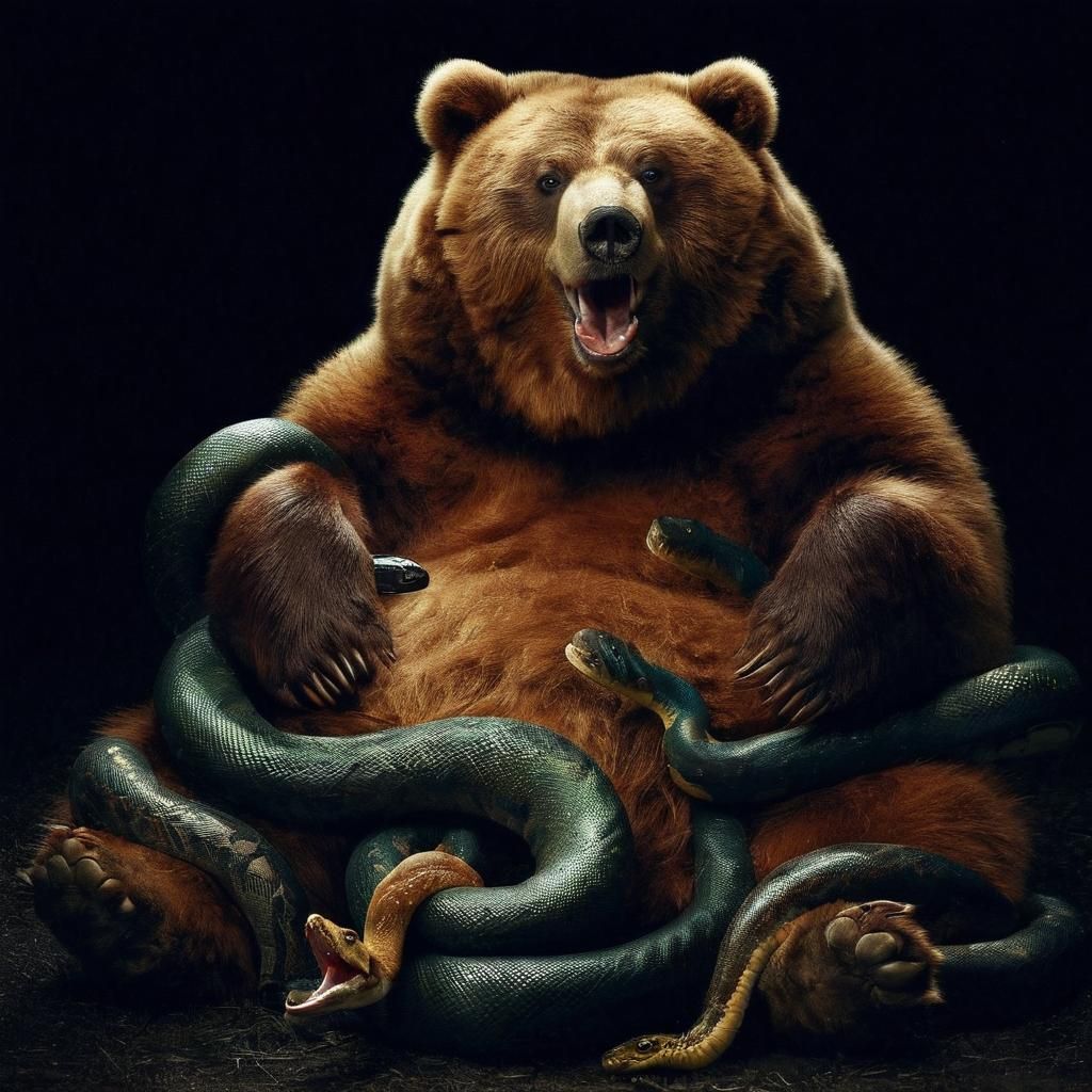 Kodiak Bear Surrounded by Snakes in Darkened Ambient Light