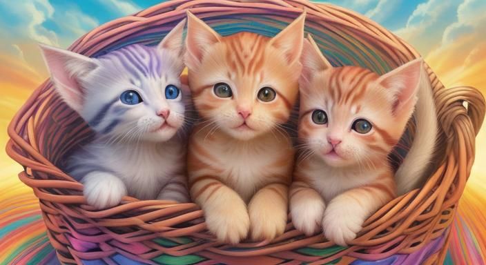 Whimsical Kittens in a Decorated Wicker Basket
