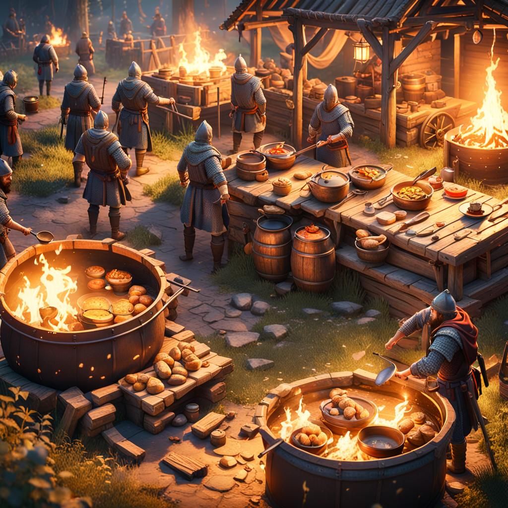 Medieval Soldiers Feast Under Epic 3D Videogame Graphics