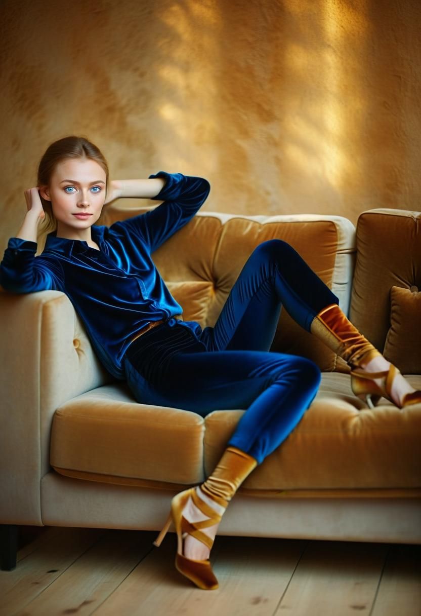 Warm Portrait of a Young Woman with Blue Eyes, Velvet and Ea...