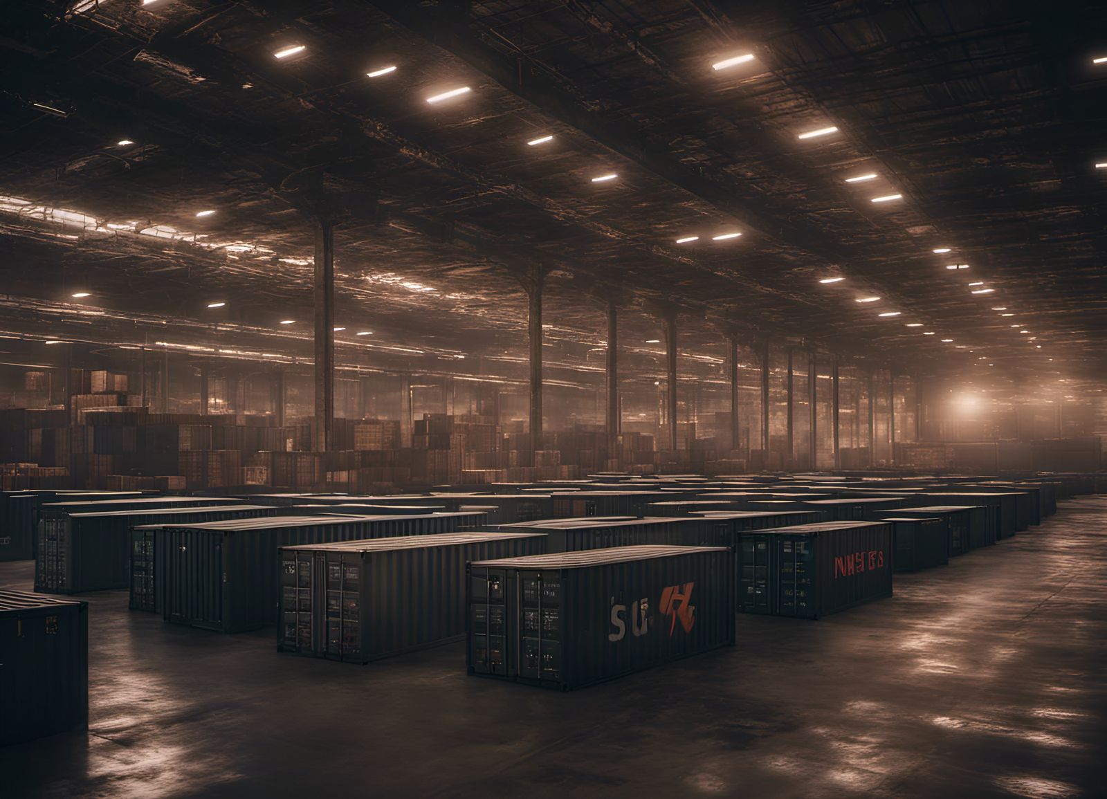 Cyberpunk Military Depot in Neon Lit Darkness