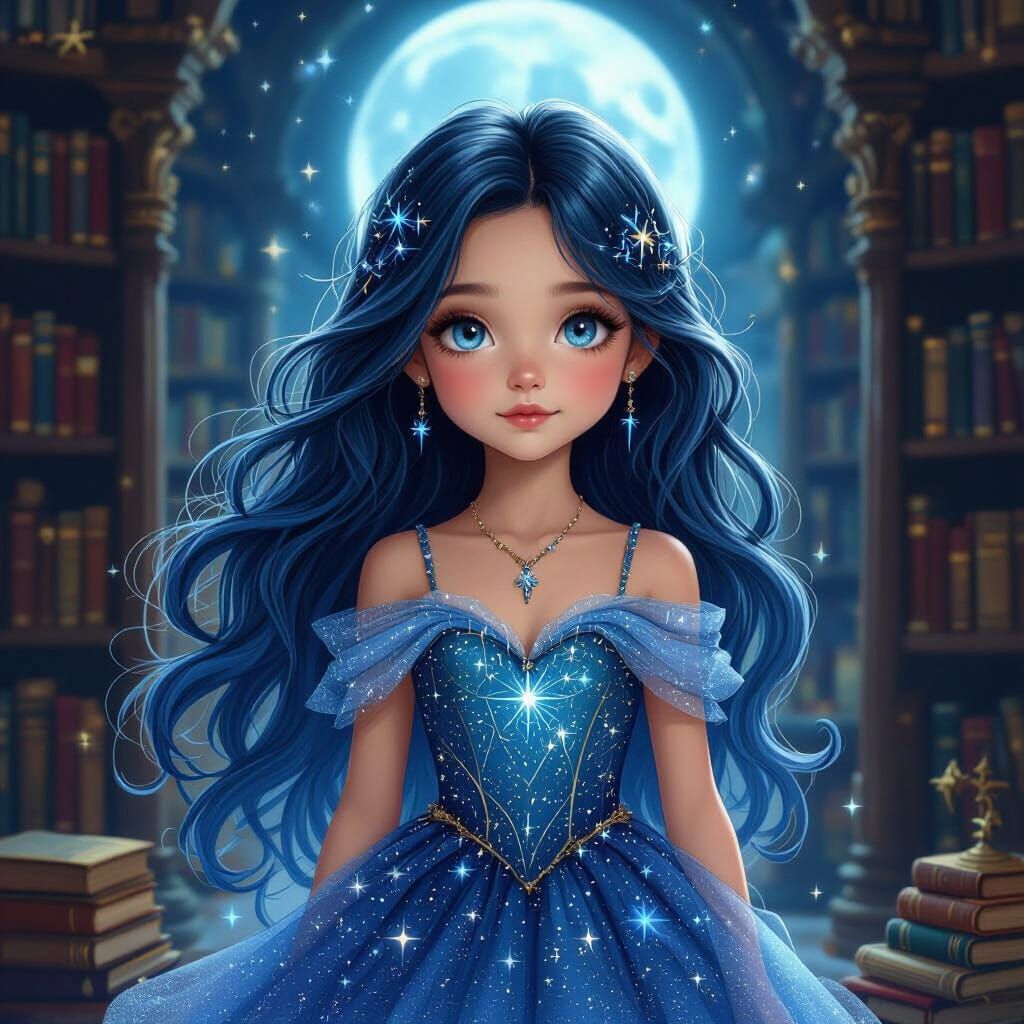 Sapphire-Eyed Girl in Magical Library, Colored Pencil Realis...