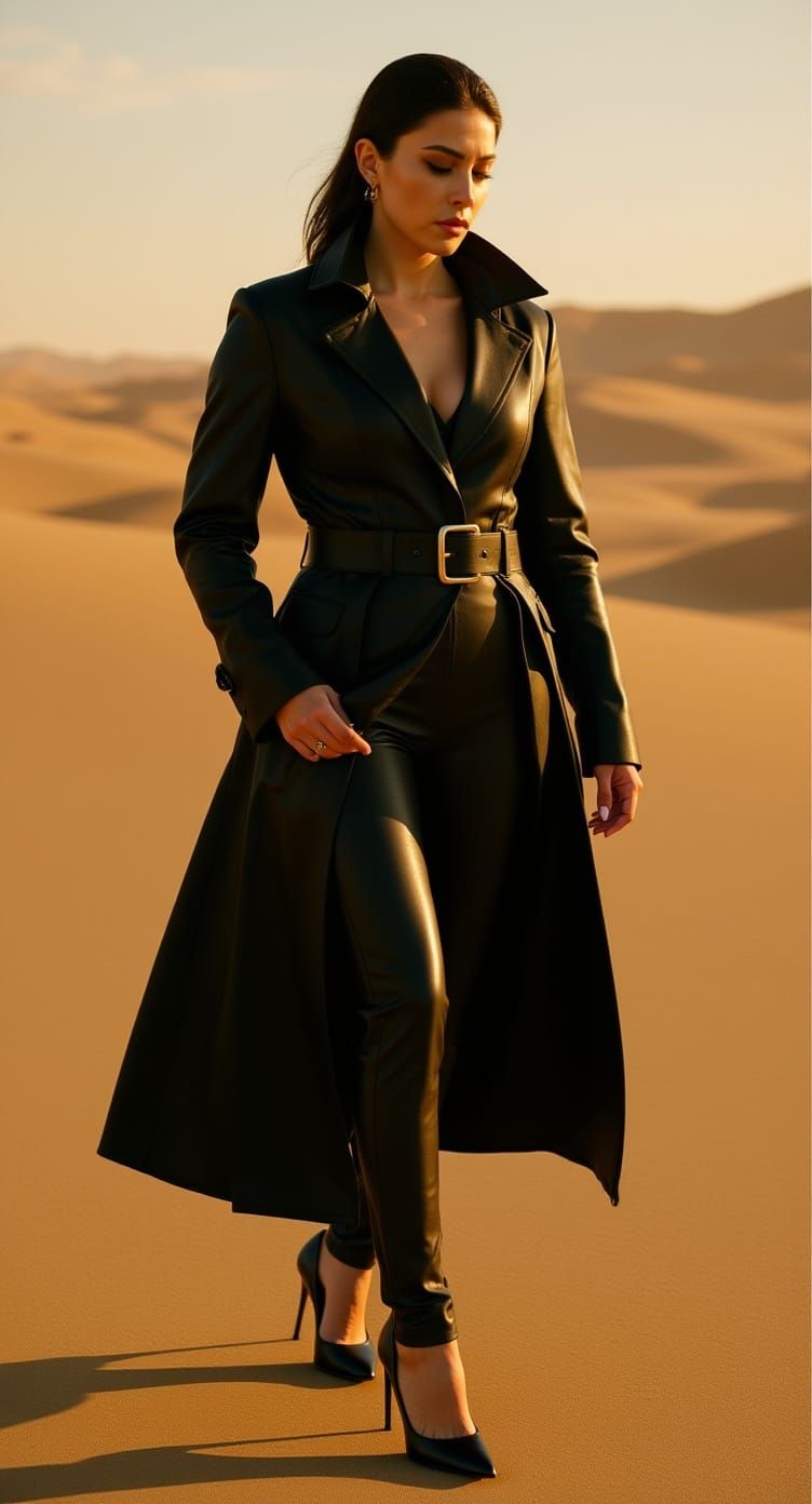 Latina in Latex Trench Coat in Retro-Futuristic Style