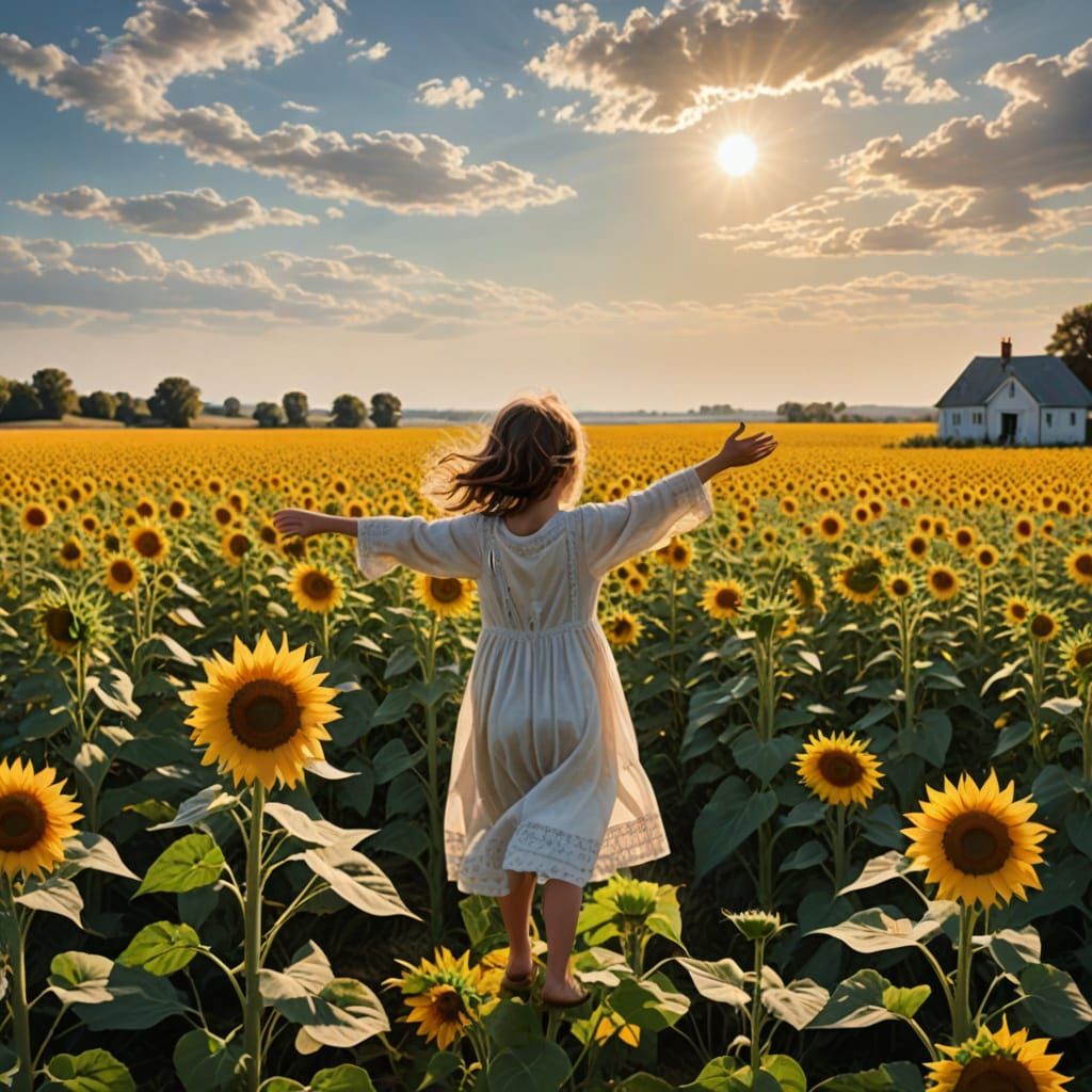 Child Standing in a Vibrant Sunflower Field