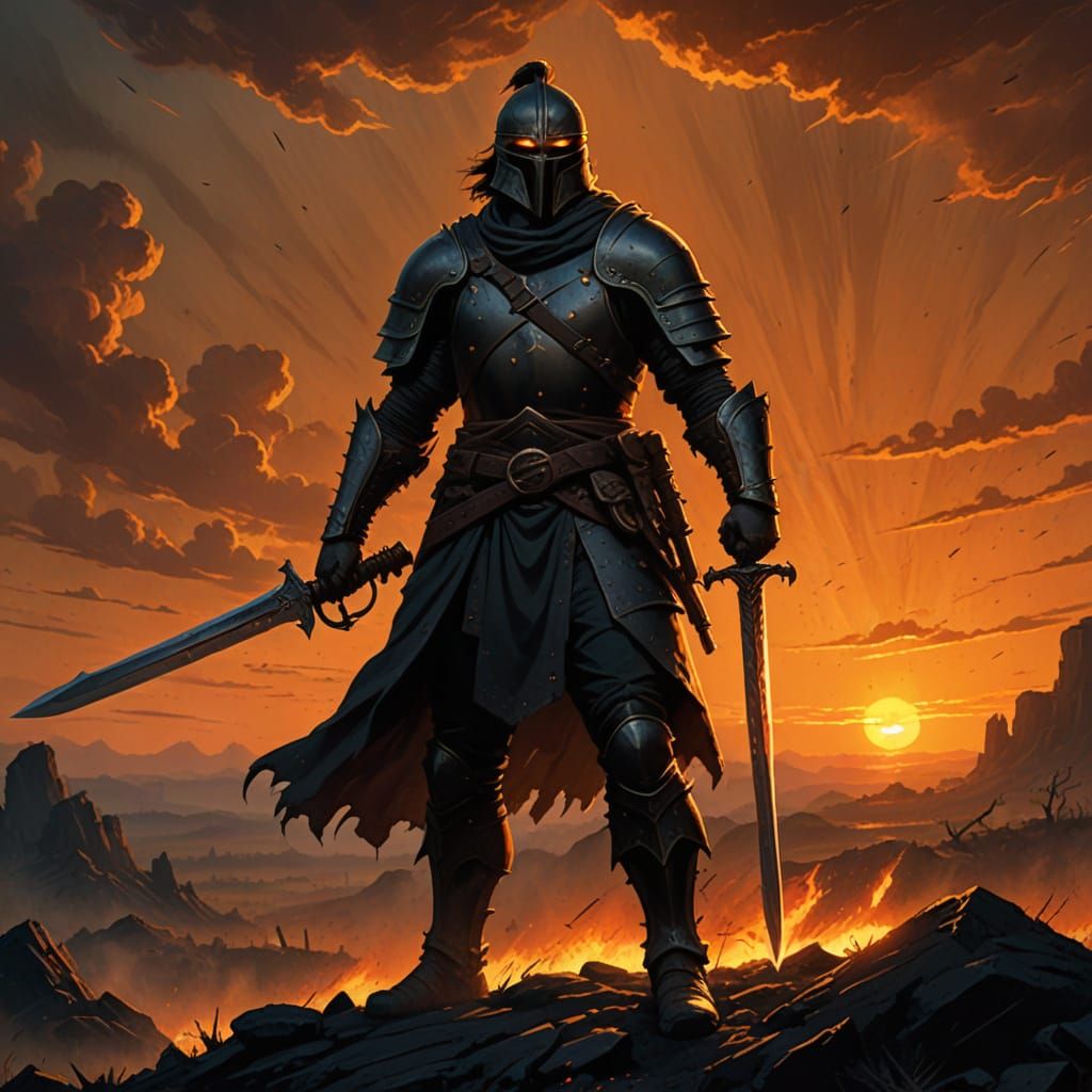 Warrior Silhouette on Battlefield in Hyperrealistic Style