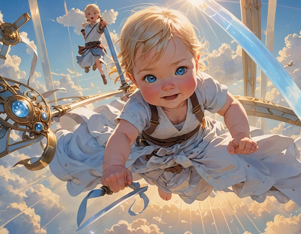 Surreal Warrior Baby Girl Soars in Clear Sky with Moe Elemen...