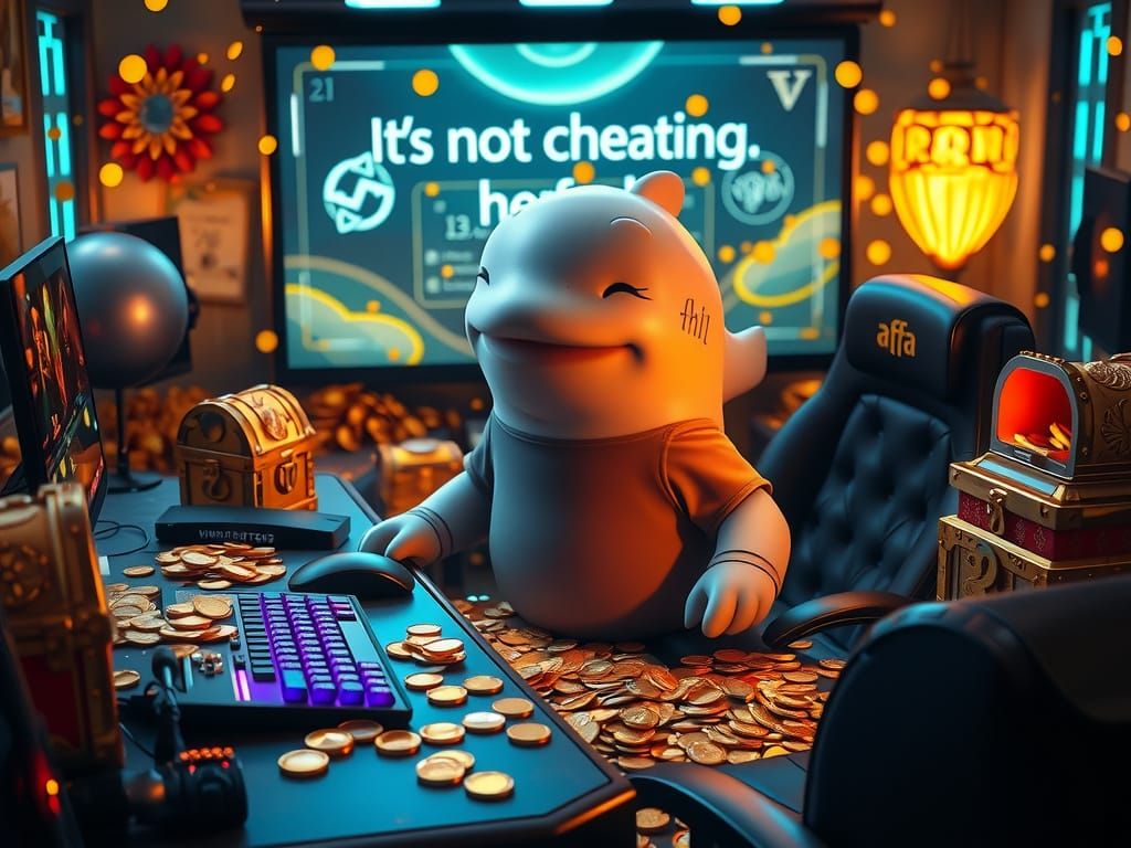 Anthropomorphic Whale Gamer Winks Amidst Epic Riches