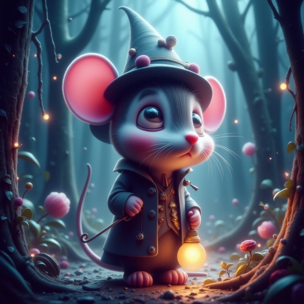 Mouse Detective in Enchanted Forest, Whimsical Illustration