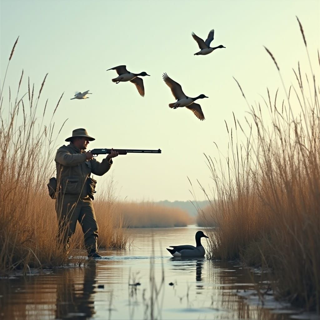 Hunter Surrounded by Birds in a Duck Pond Scene in Hyper Rea...