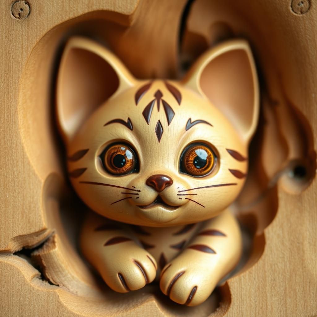 Hand-Carved Wooden Kitten in Whimsical Folk Art Style