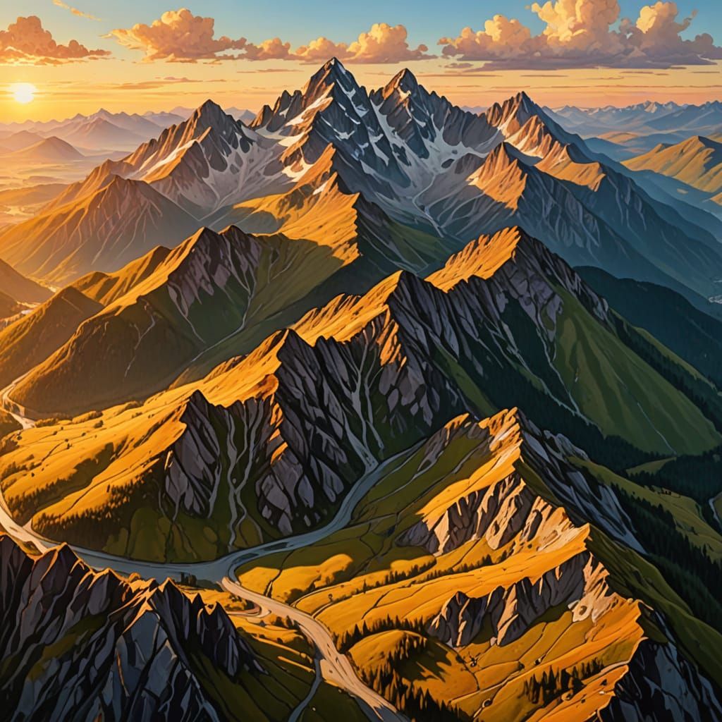 Majestic Mountain Landscape in Vibrant Oil Painting Style