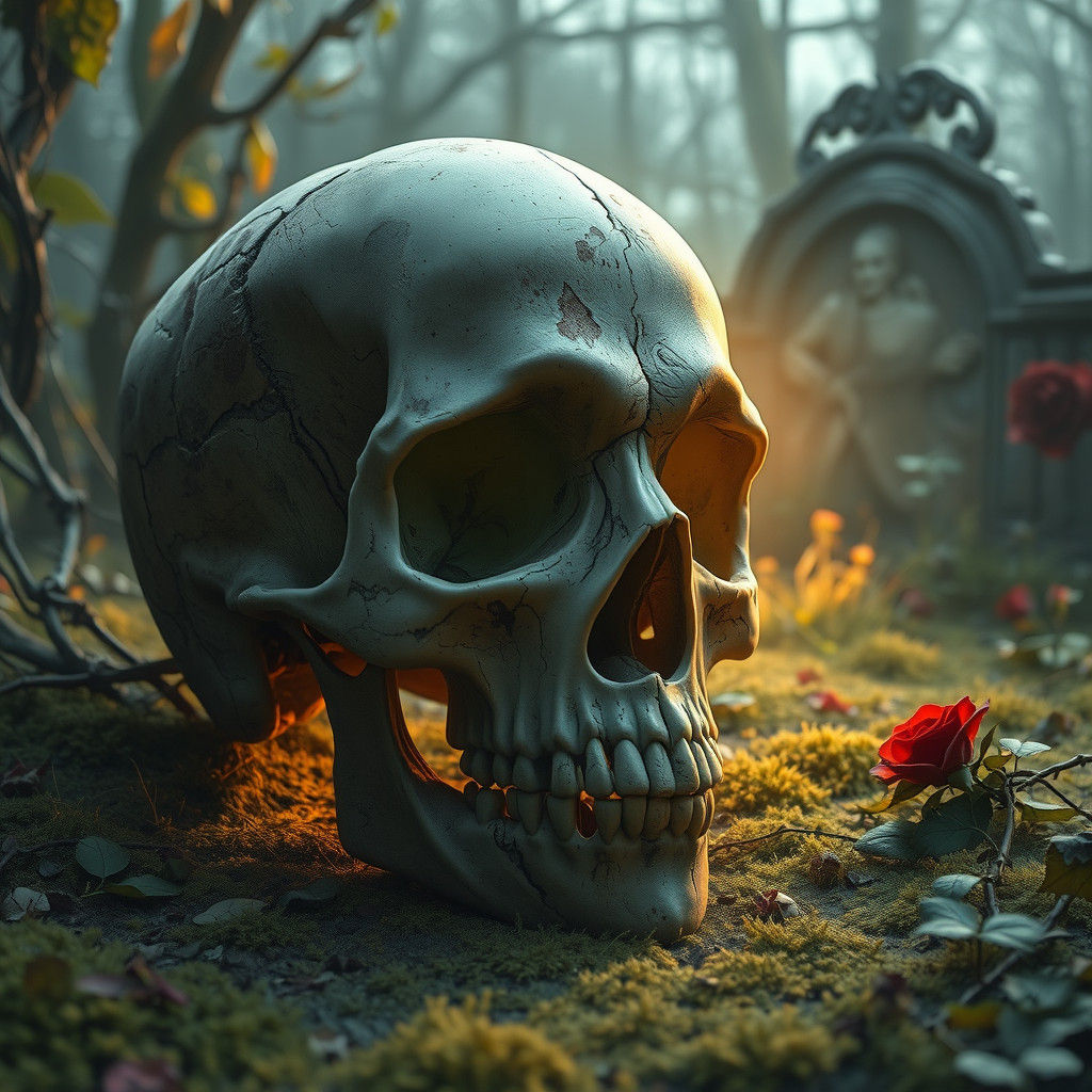 Ancient Mystical Skull in Lush Graveyard