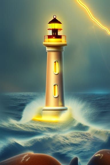 Surreal Futuristic Lighthouse Illuminated by Glowing Amber F...