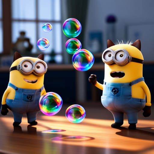 Cat Minion hybrids playing with and experiencing soap bubbles for the first time