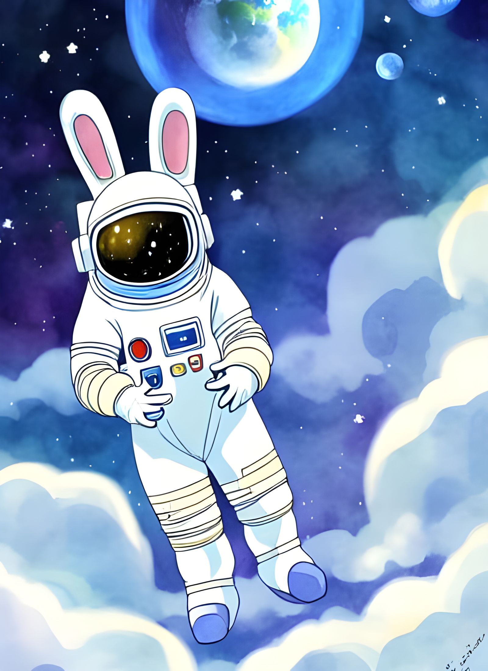 Whimsical Space Rabbit in Romantic Watercolor Style